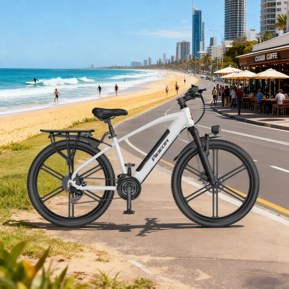 VOLTUS Electric Bike Carbon Alloy Frame Shimano 7-Speed 26-Inch Magnesium Alloy Integrated Wheels with Dual Suspension and Removable Lithium Battery - White