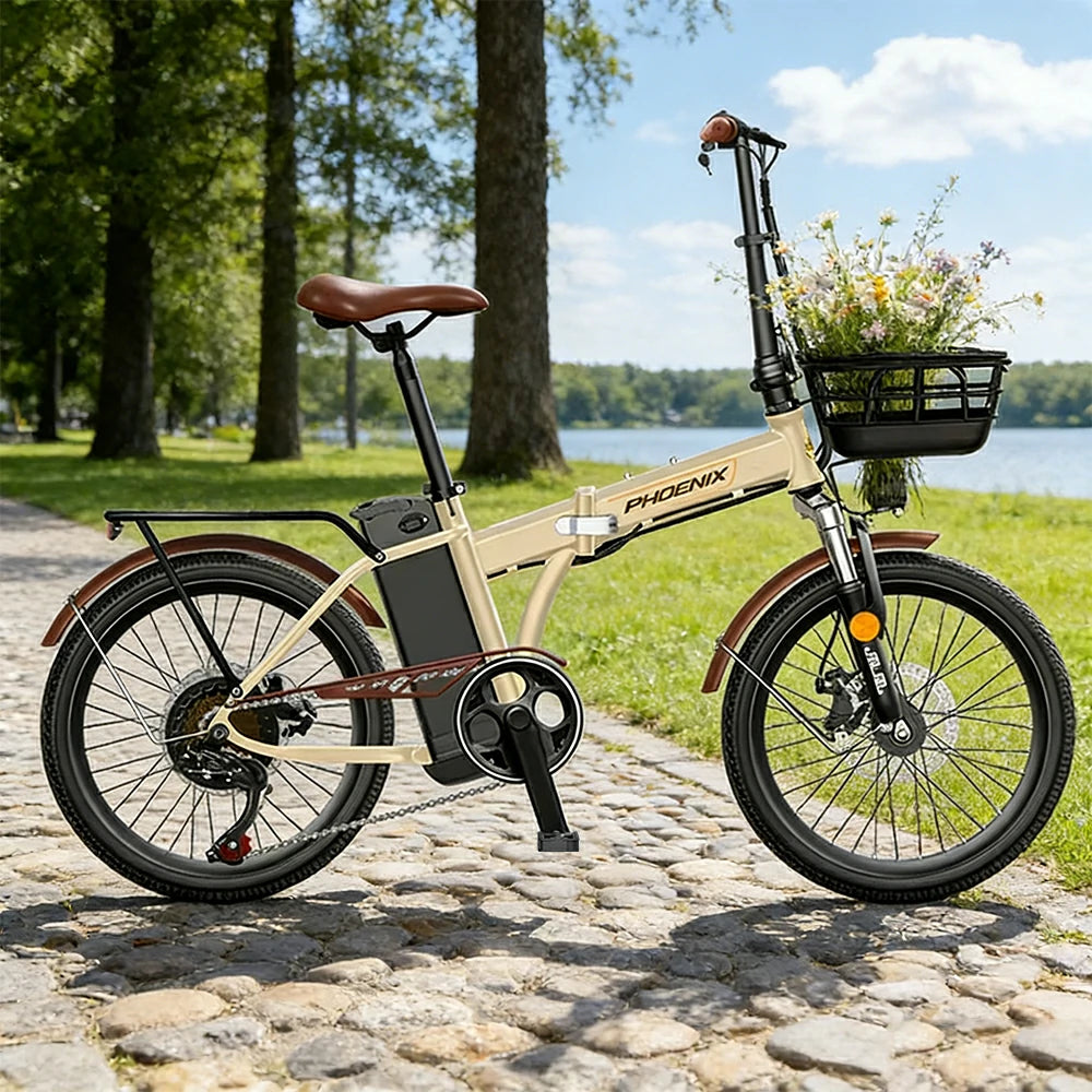VOLTUS Electric Bike 48V 15/20AH Lithium Battery, High-Torque Motor, Dual Disc Brakes, Carbon Steel Frame, Quick-Fold Design, 20-Inch Spoke Wheels - Beige