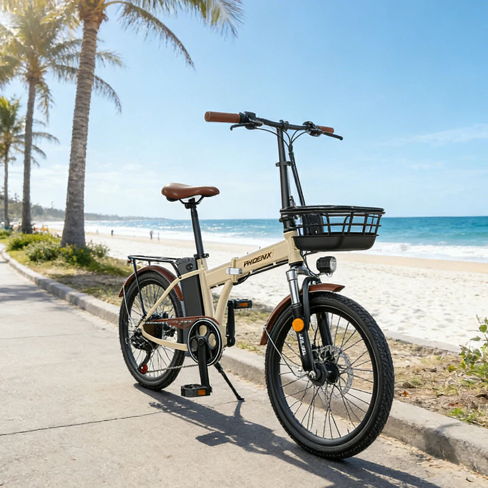 VOLTUS Electric Bike 48V 15/20AH Lithium Battery, High-Torque Motor, Dual Disc Brakes, Carbon Steel Frame, Quick-Fold Design, 20-Inch Spoke Wheels - Beige