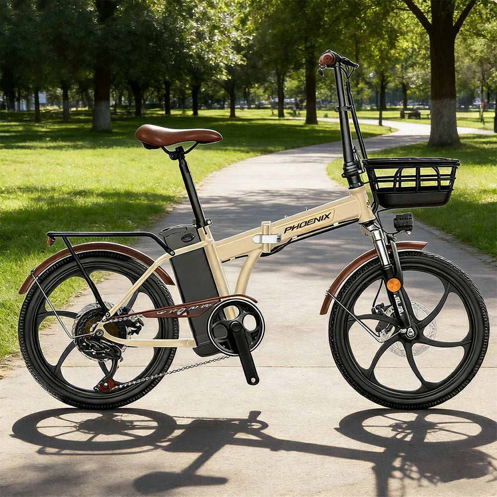 VOLTUS Electric Bike 48V 15/20AH Lithium Battery, High-Torque Motor, Dual Disc Brakes, Carbon Steel Frame, Quick-Fold Design, 20-Inch Integrated Wheels - Beige