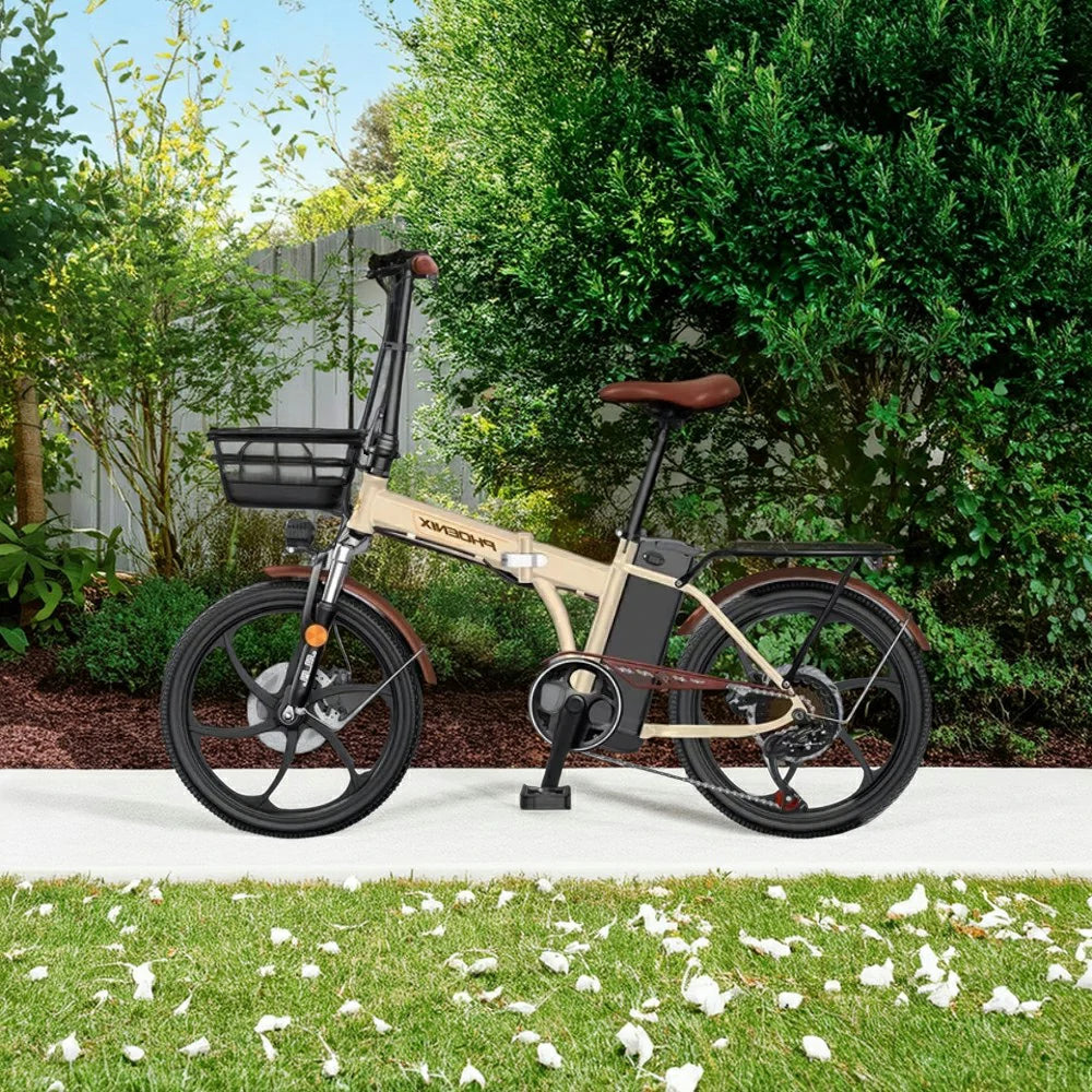 VOLTUS Electric Bike 48V 15/20AH Lithium Battery, High-Torque Motor, Dual Disc Brakes, Carbon Steel Frame, Quick-Fold Design, 20-Inch Integrated Wheels - Beige