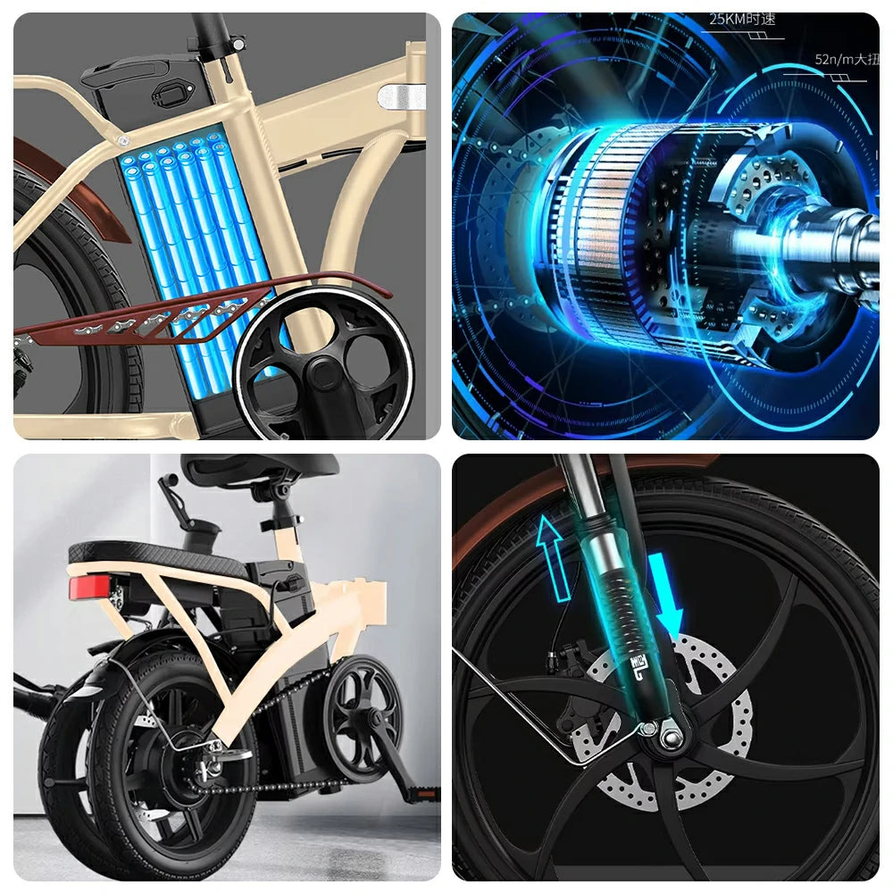 VOLTUS Electric Bike 48V 15/20AH Lithium Battery, High-Torque Motor, Dual Disc Brakes, Carbon Steel Frame, Quick-Fold Design, 20-Inch Integrated Wheels - Beige