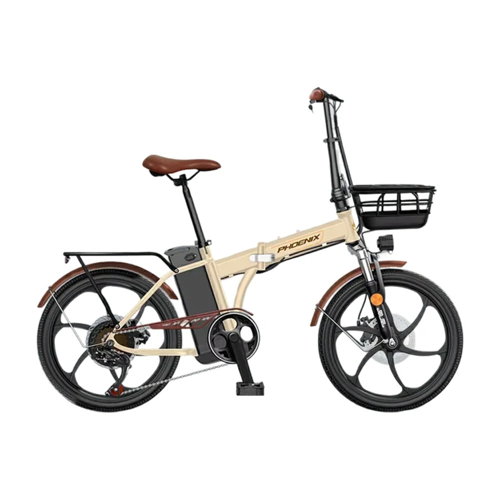 VOLTUS Electric Bike 48V 15/20AH Lithium Battery, High-Torque Motor, Dual Disc Brakes, Carbon Steel Frame, Quick-Fold Design, 20-Inch Integrated Wheels - Beige