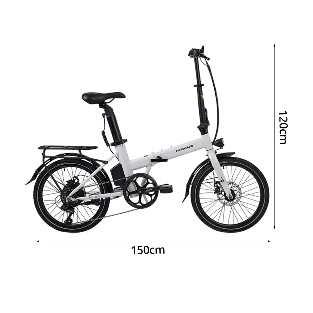 VOLTUS Electric Bike 36V 8/12AH 350W Motor, Shimano 7-Speed, High-Carbon Steel Frame, Removable Battery, LED Light, Foldable, 20-Inch Wheels - White