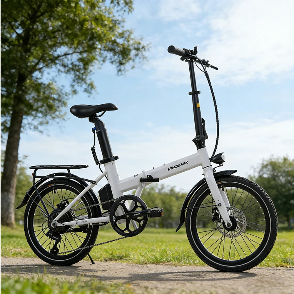 VOLTUS Electric Bike 36V 8/12AH 350W Motor, Shimano 7-Speed, High-Carbon Steel Frame, Removable Battery, LED Light, Foldable, 20-Inch Wheels - White