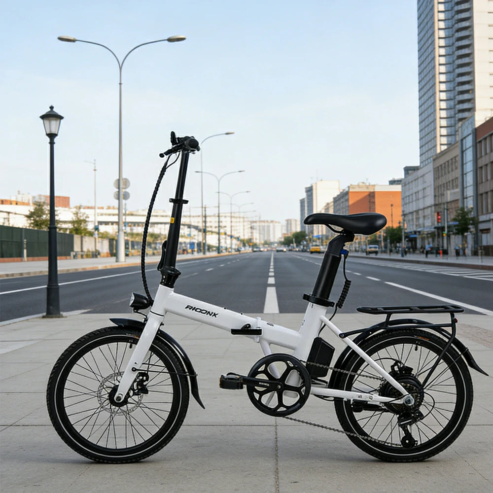 VOLTUS Electric Bike 36V 8/12AH 350W Motor, Shimano 7-Speed, High-Carbon Steel Frame, Removable Battery, LED Light, Foldable, 20-Inch Wheels - White