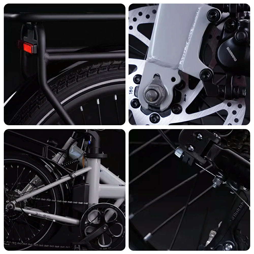 VOLTUS Electric Bike 36V 8/12AH 350W Motor, Shimano 7-Speed, High-Carbon Steel Frame, Removable Battery, LED Light, Foldable, 20-Inch Wheels - White