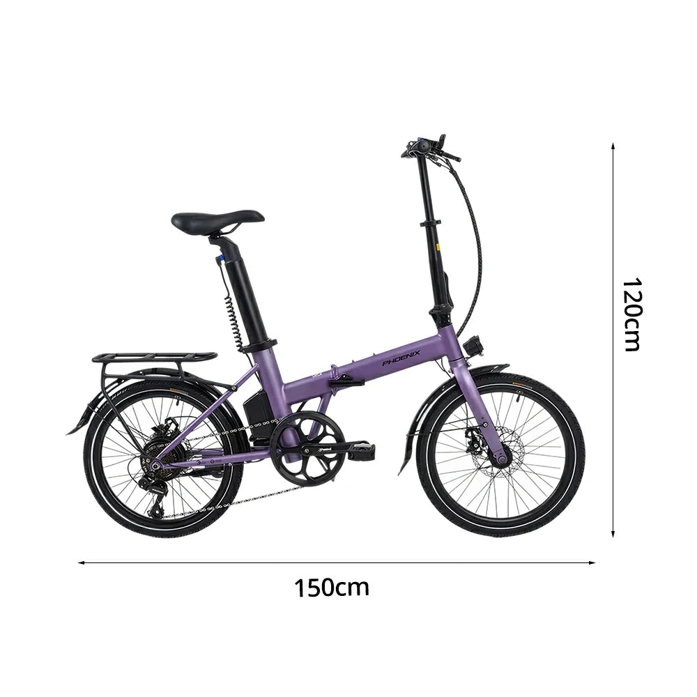 VOLTUS Electric Bike 36V 8/12AH 350W Motor, Shimano 7-Speed, High-Carbon Steel Frame, Removable Battery, LED Light, Foldable, 20-Inch Wheels - Purple