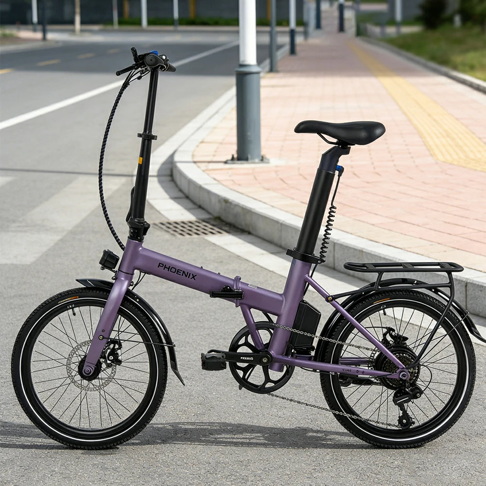 VOLTUS Electric Bike 36V 8/12AH 350W Motor, Shimano 7-Speed, High-Carbon Steel Frame, Removable Battery, LED Light, Foldable, 20-Inch Wheels - Purple