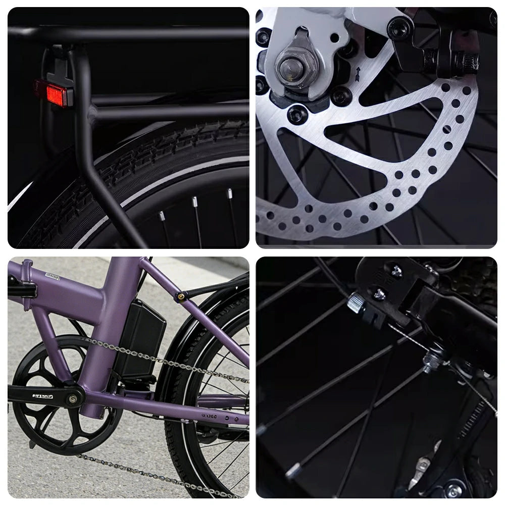 VOLTUS Electric Bike 36V 8/12AH 350W Motor, Shimano 7-Speed, High-Carbon Steel Frame, Removable Battery, LED Light, Foldable, 20-Inch Wheels - Purple