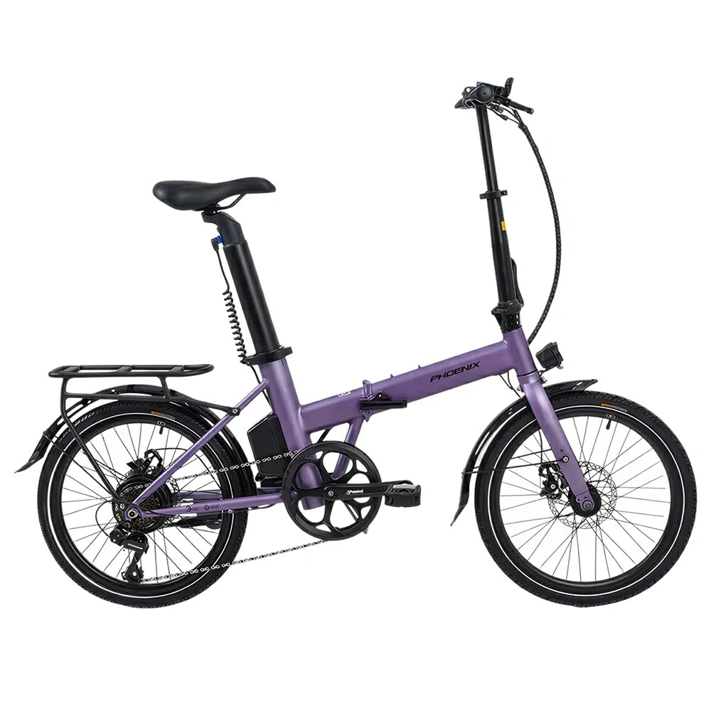 VOLTUS Electric Bike 36V 8/12AH 350W Motor, Shimano 7-Speed, High-Carbon Steel Frame, Removable Battery, LED Light, Foldable, 20-Inch Wheels - Purple