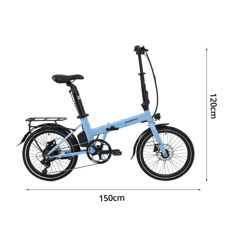 VOLTUS Electric Bike 36V 8/12AH 350W Motor, Shimano 7-Speed, High-Carbon Steel Frame, Removable Battery, LED Light, Foldable, 20-Inch Wheels - Blue
