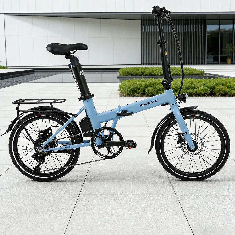VOLTUS Electric Bike 36V 8/12AH 350W Motor, Shimano 7-Speed, High-Carbon Steel Frame, Removable Battery, LED Light, Foldable, 20-Inch Wheels - Blue