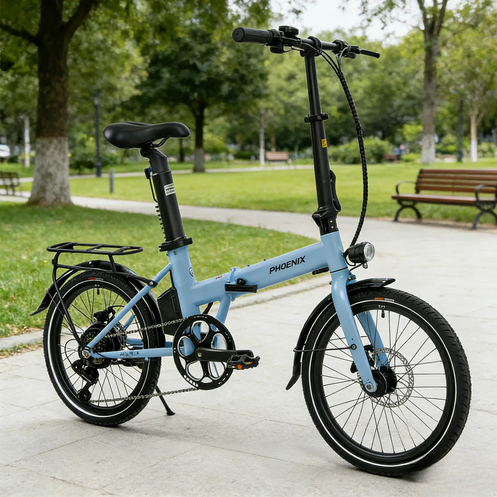 VOLTUS Electric Bike 36V 8/12AH 350W Motor, Shimano 7-Speed, High-Carbon Steel Frame, Removable Battery, LED Light, Foldable, 20-Inch Wheels - Blue