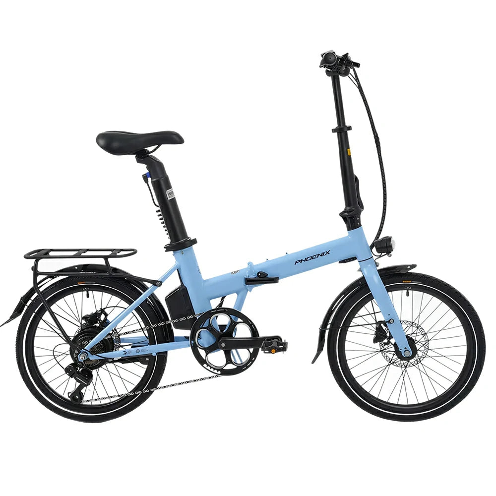 VOLTUS Electric Bike 36V 8/12AH 350W Motor, Shimano 7-Speed, High-Carbon Steel Frame, Removable Battery, LED Light, Foldable, 20-Inch Wheels - Blue