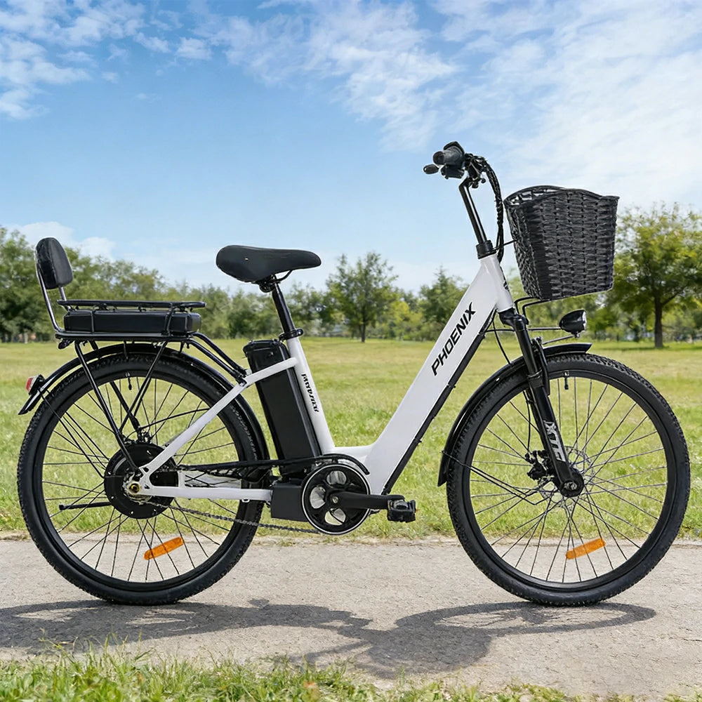 VOLTUS Electric Bike 36V 15/20AH Motor, Single-Speed, High-Carbon Steel Frame, Lithium Battery, Disc Brakes, 26-Inch Wheels - White