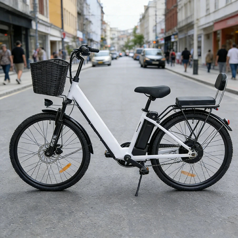 VOLTUS Electric Bike 36V 15/20AH Motor, Single-Speed, High-Carbon Steel Frame, Lithium Battery, Disc Brakes, 26-Inch Wheels - White