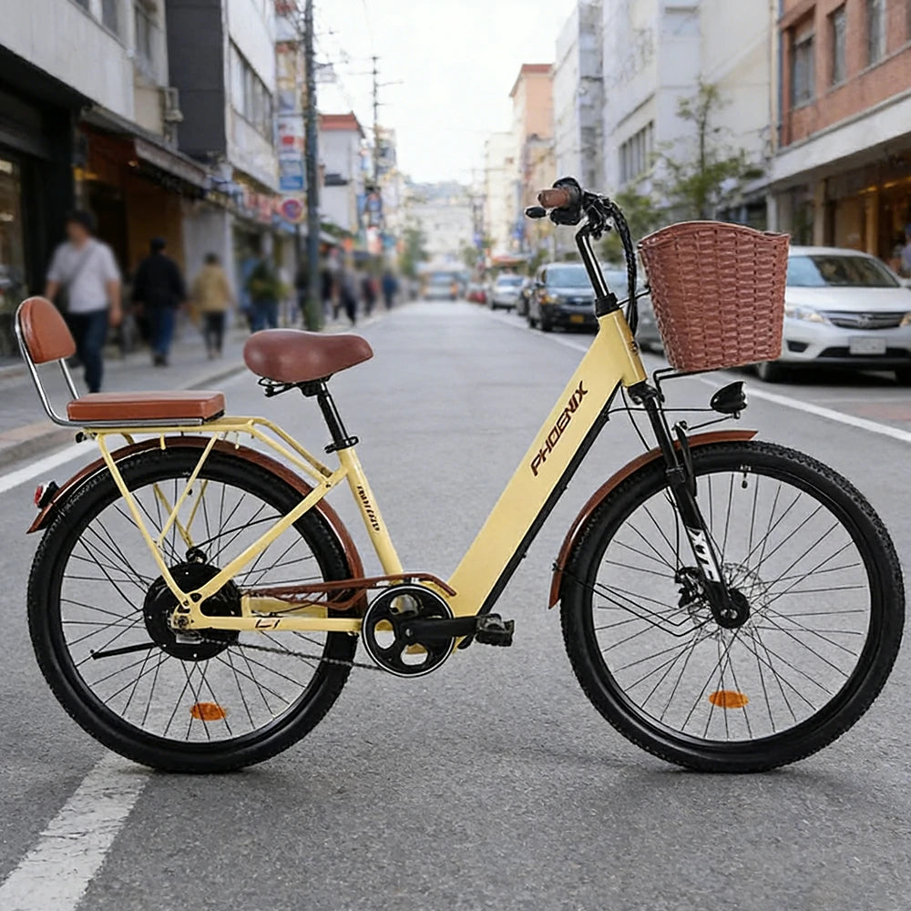 VOLTUS Electric Bike 36V 15/20AH Motor, Single-Speed, High-Carbon Steel Frame, Lithium Battery, Disc Brakes, 26-Inch Wheels - Yellow