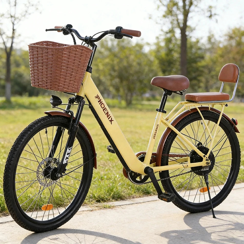 VOLTUS Electric Bike 36V 15/20AH Motor, Single-Speed, High-Carbon Steel Frame, Lithium Battery, Disc Brakes, 26-Inch Wheels - Yellow