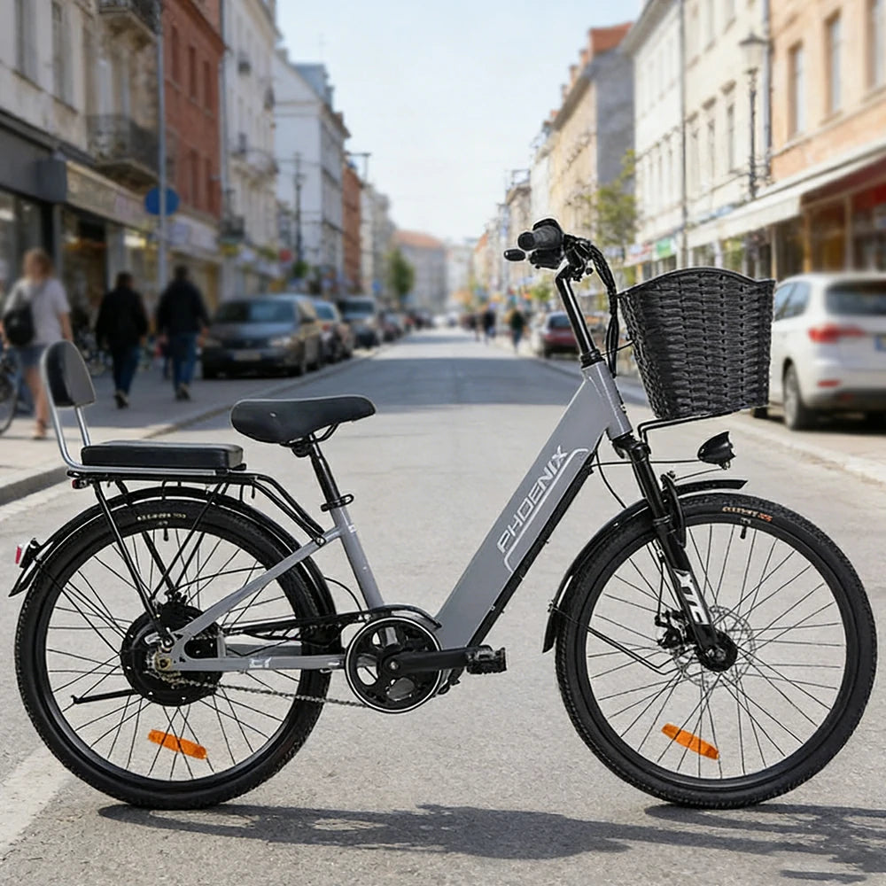 VOLTUS Electric Bike 36V 15/20AH Motor, Single-Speed, High-Carbon Steel Frame, Lithium Battery, Disc Brakes, 26-Inch Wheels - Grey