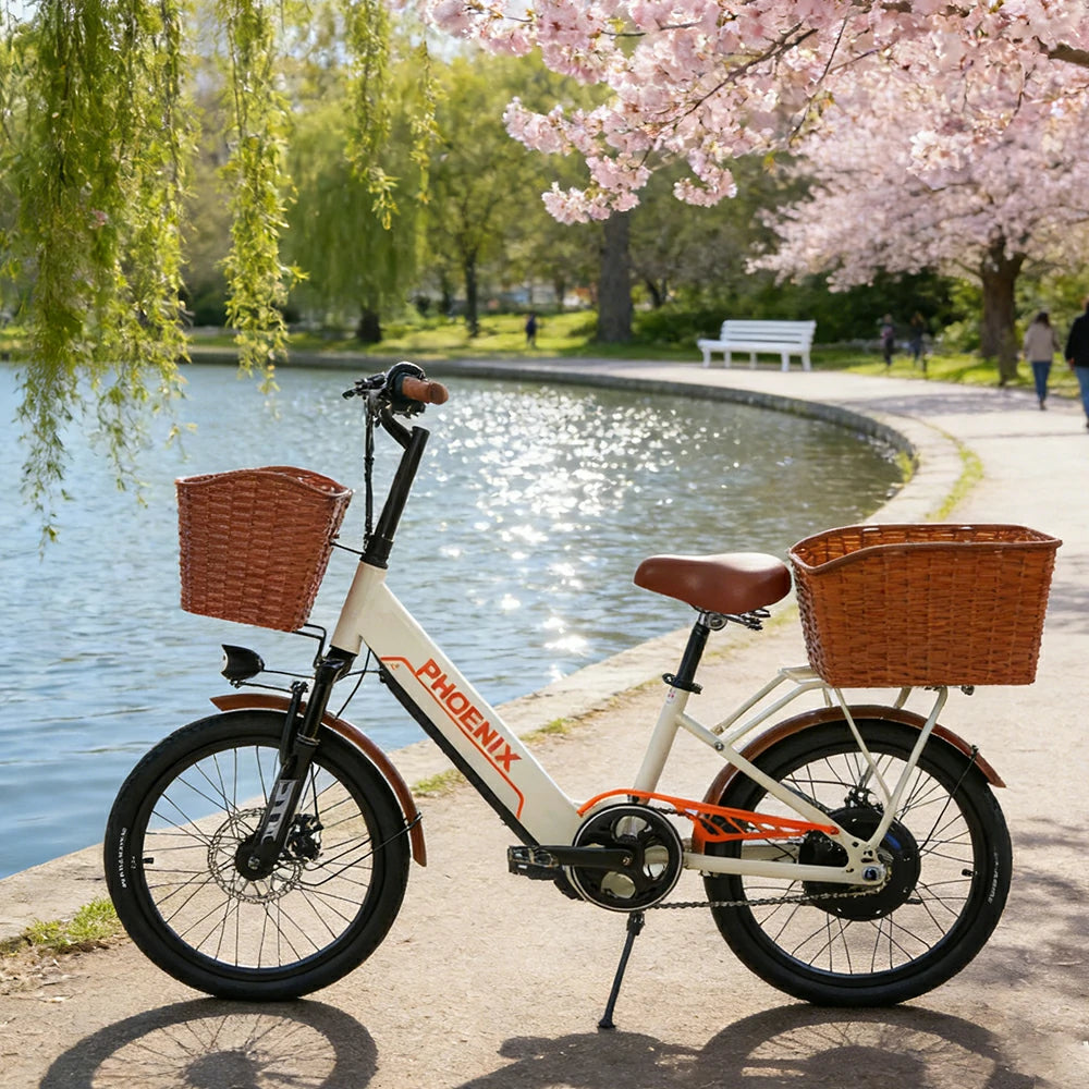 VOLTUS 20-Inch Electric Bike, 350W Rear Motor, Dual Disc Brakes, High Carbon Steel Frame, Spoked Wheels, Hidden Waterproof Battery with Rear Rack - Beige