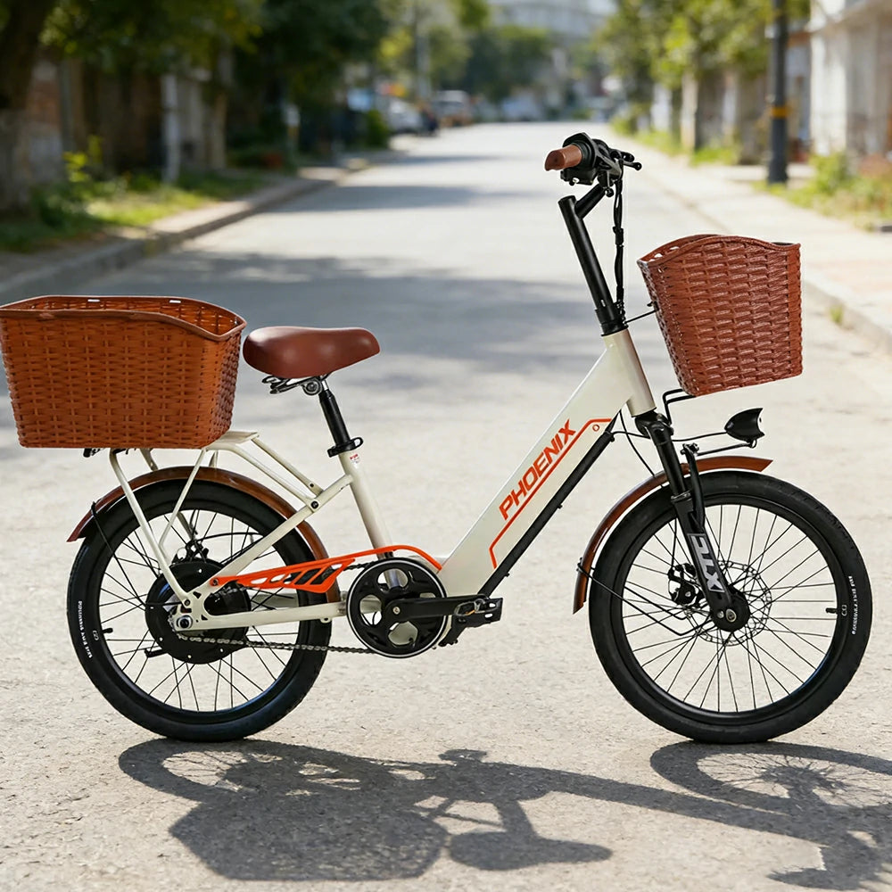 VOLTUS 20-Inch Electric Bike, 350W Rear Motor, Dual Disc Brakes, High Carbon Steel Frame, Spoked Wheels, Hidden Waterproof Battery with Rear Rack - Beige