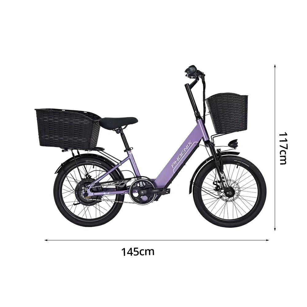 VOLTUS 20-Inch Electric Bike, 350W Rear Motor, Dual Disc Brakes, High Carbon Steel Frame, Spoked Wheels, Hidden Waterproof Battery with Rear Rack - Purple