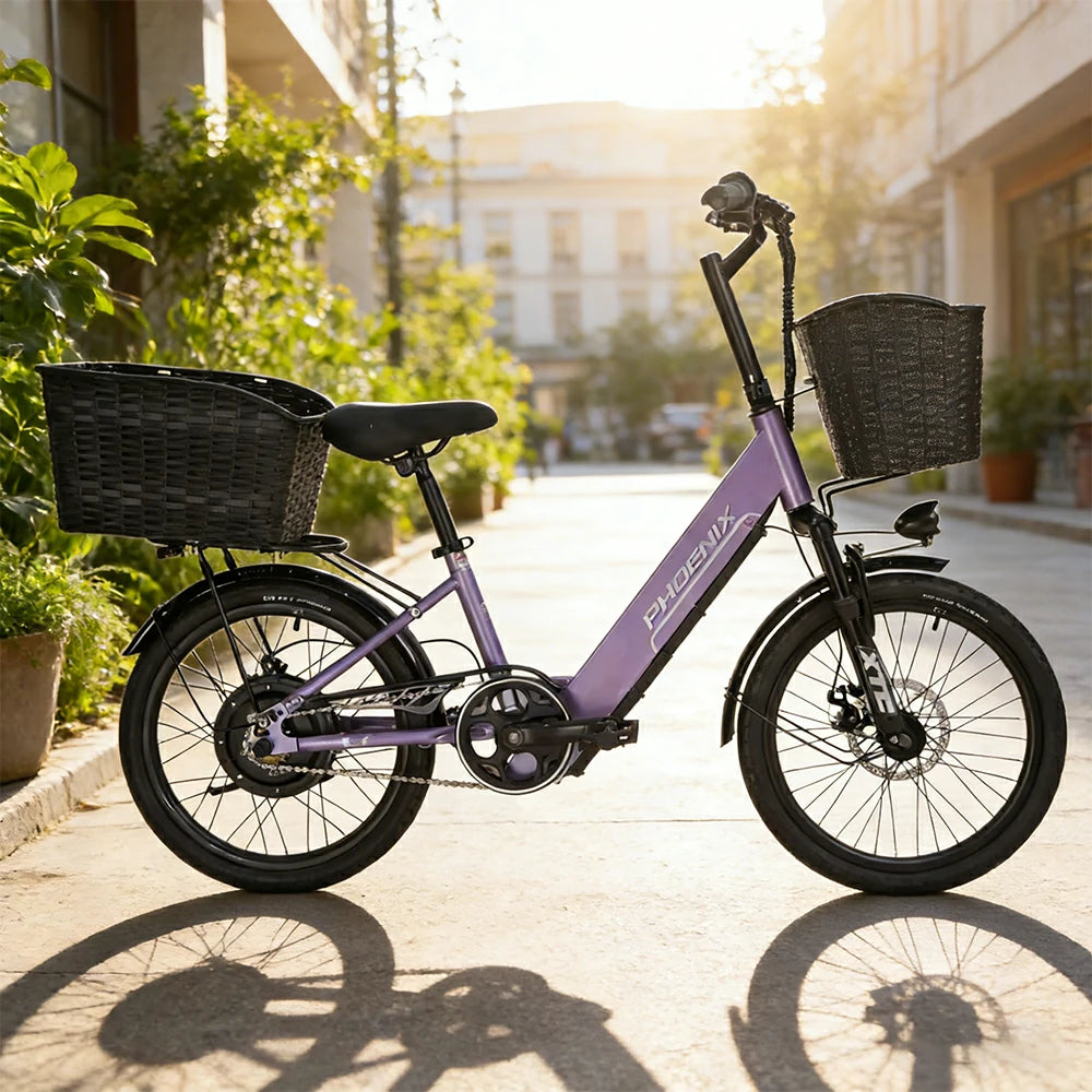 VOLTUS 20-Inch Electric Bike, 350W Rear Motor, Dual Disc Brakes, High Carbon Steel Frame, Spoked Wheels, Hidden Waterproof Battery with Rear Rack - Purple