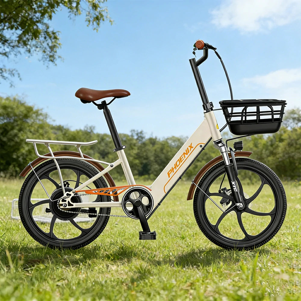 VOLTUS 20-Inch Electric Bike, 350W Rear Motor, Dual Disc Brakes, High Carbon Steel Frame, One-Piece Wheels, Hidden Waterproof Battery with Rear Rack - Beige