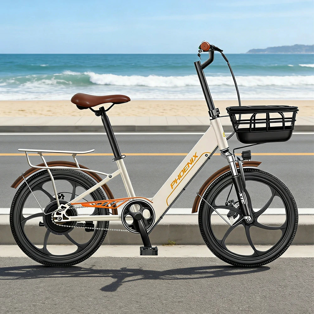 VOLTUS 20-Inch Electric Bike, 350W Rear Motor, Dual Disc Brakes, High Carbon Steel Frame, One-Piece Wheels, Hidden Waterproof Battery with Rear Rack - Beige