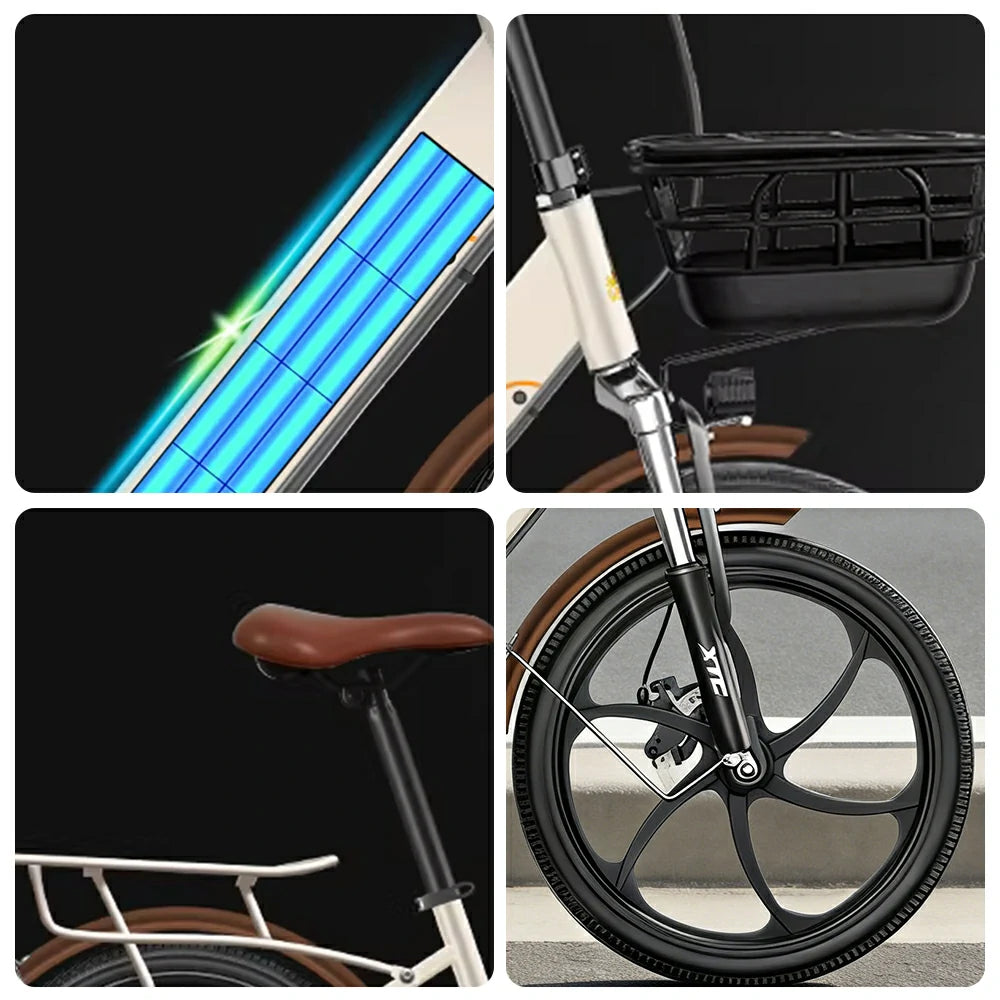 VOLTUS 20-Inch Electric Bike, 350W Rear Motor, Dual Disc Brakes, High Carbon Steel Frame, One-Piece Wheels, Hidden Waterproof Battery with Rear Rack - Beige