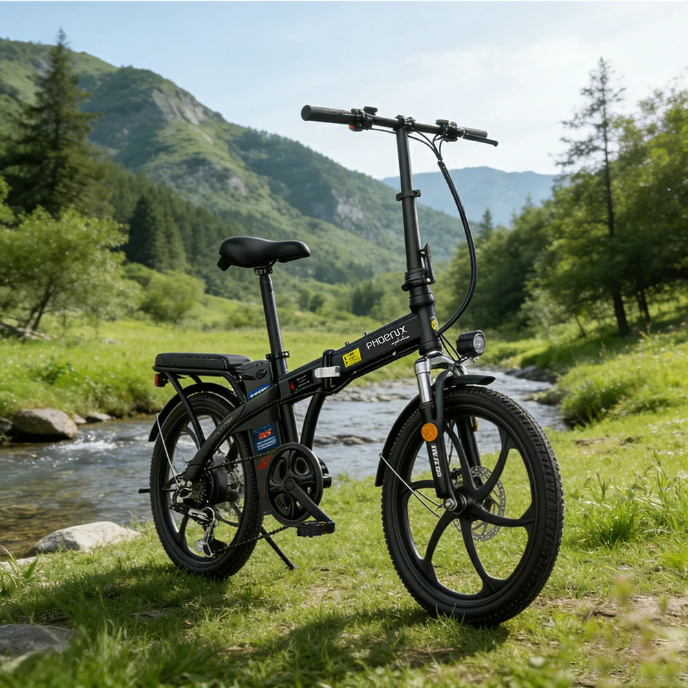 VOLTUS Folding Electric Bike, 48V Battery, Brushless Motor, Dual Disc Brakes, High Carbon Steel Frame, LCD Display, One-Piece Wheels - Black