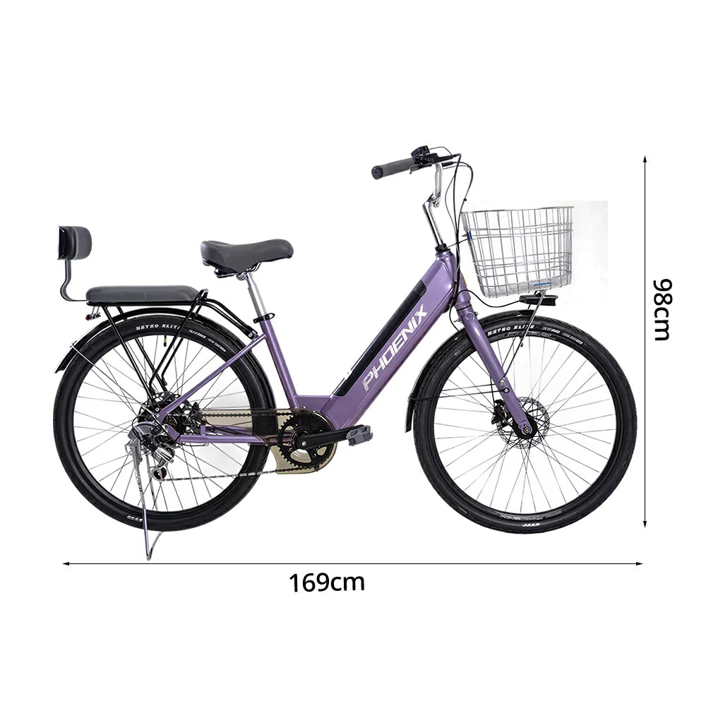 VOLTUS 26-Inch Electric Bike, 36V350W Motor, Shimano 7-Speed Gears, High Carbon Steel Frame, Spoked Wheels, Removable Mid Battery with Rear Seat - Purple