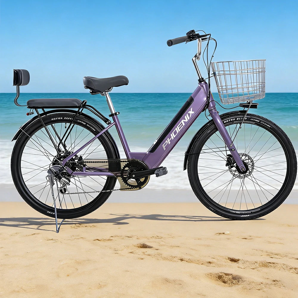 VOLTUS 26-Inch Electric Bike, 36V350W Motor, Shimano 7-Speed Gears, High Carbon Steel Frame, Spoked Wheels, Removable Mid Battery with Rear Seat - Purple
