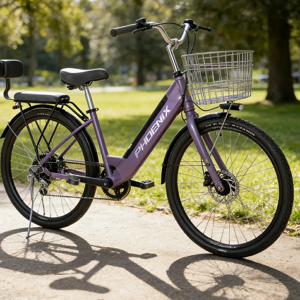 VOLTUS 26-Inch Electric Bike, 36V350W Motor, Shimano 7-Speed Gears, High Carbon Steel Frame, Spoked Wheels, Removable Mid Battery with Rear Seat - Purple