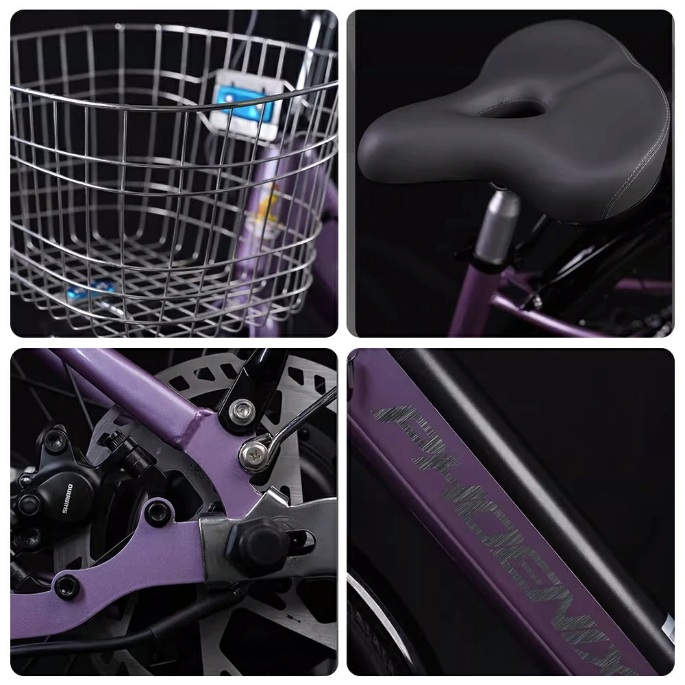 VOLTUS 26-Inch Electric Bike, 36V350W Motor, Shimano 7-Speed Gears, High Carbon Steel Frame, Spoked Wheels, Removable Mid Battery with Rear Seat - Purple