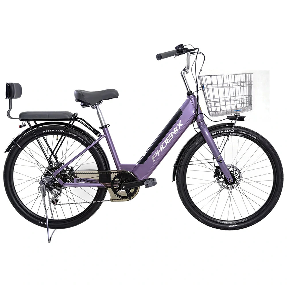 VOLTUS 26-Inch Electric Bike, 36V350W Motor, Shimano 7-Speed Gears, High Carbon Steel Frame, Spoked Wheels, Removable Mid Battery with Rear Seat - Purple