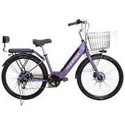 VOLTUS 26-Inch Electric Bike, 36V350W Motor, Shimano 7-Speed Gears, High Carbon Steel Frame, Spoked Wheels, Removable Mid Battery with Rear Seat - Purple