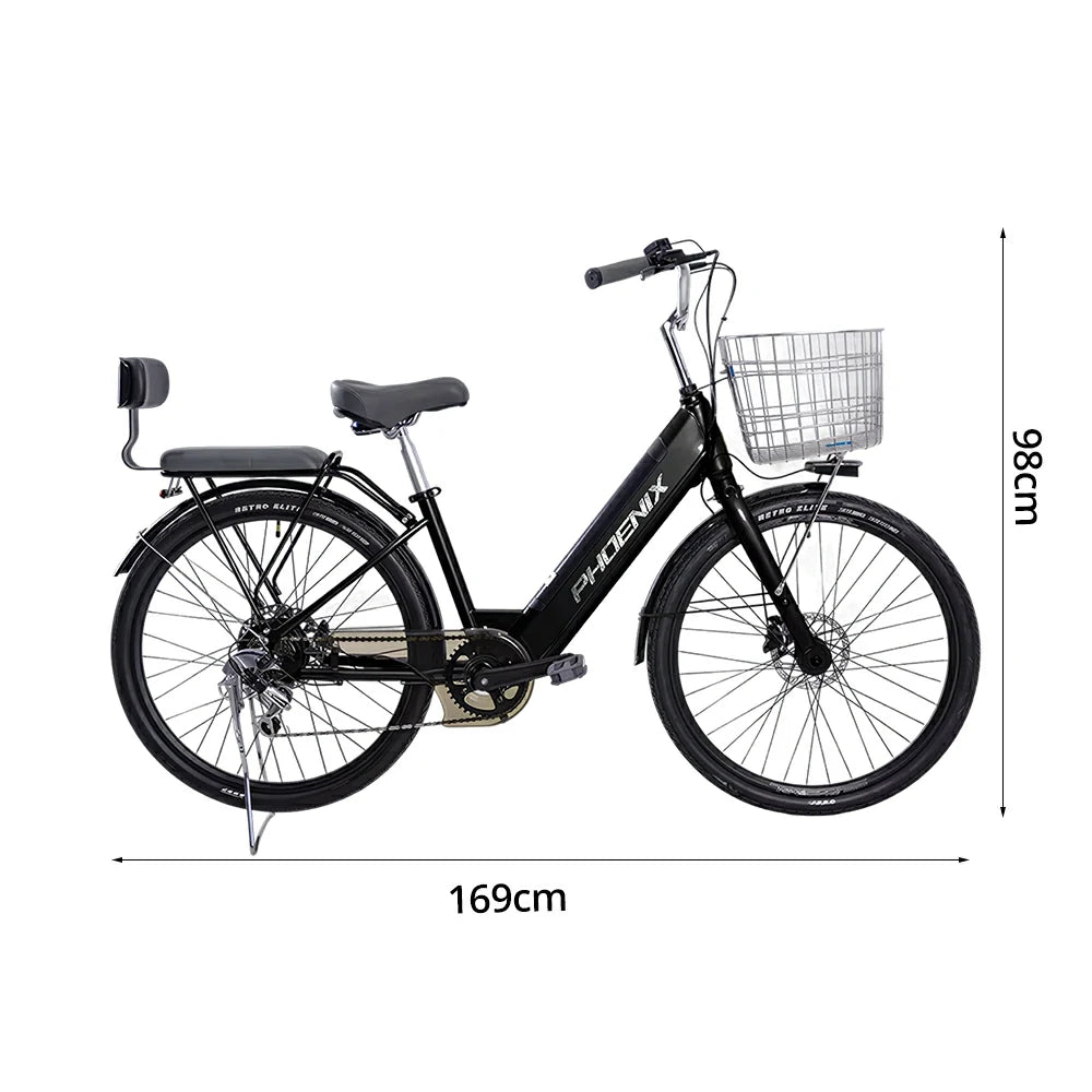 VOLTUS 26-Inch Electric Bike, 36V350W Motor, Shimano 7-Speed Gears, High Carbon Steel Frame, Spoked Wheels, Removable Mid Battery with Rear Seat - Black