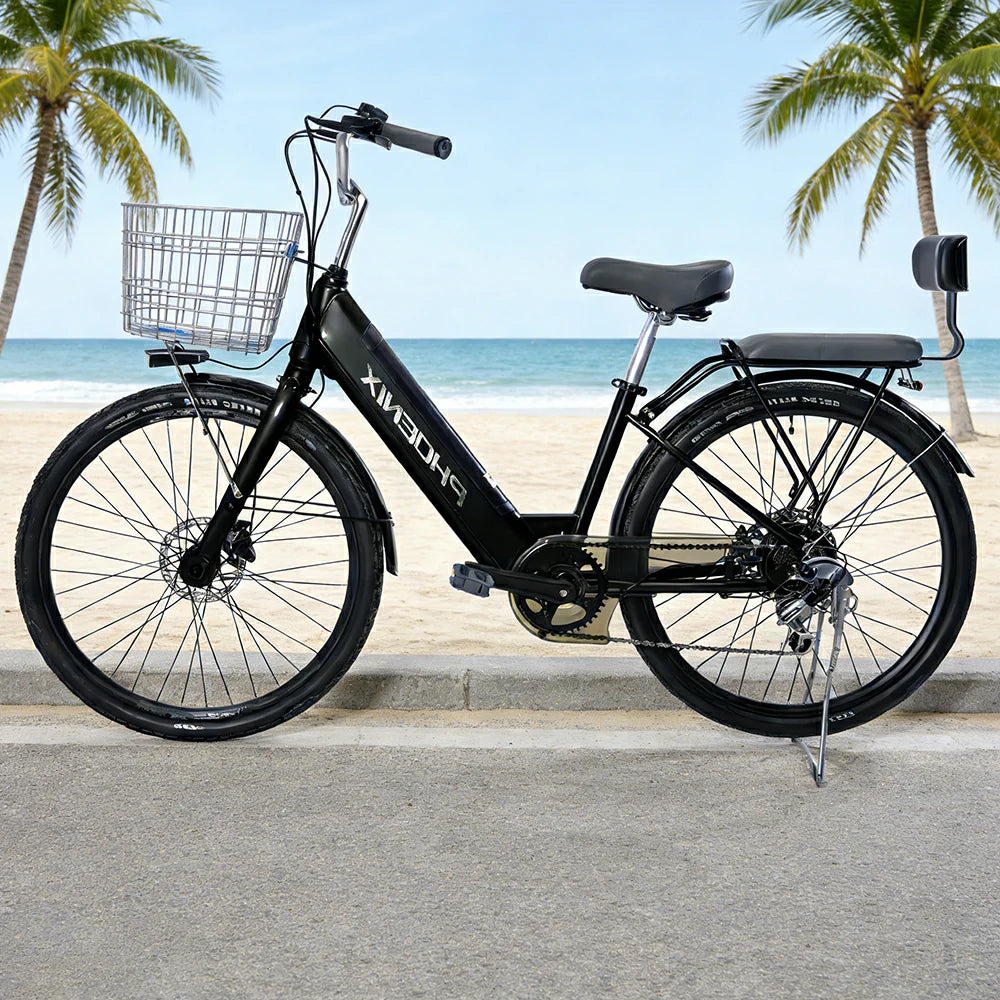 VOLTUS 26-Inch Electric Bike, 36V350W Motor, Shimano 7-Speed Gears, High Carbon Steel Frame, Spoked Wheels, Removable Mid Battery with Rear Seat - Black