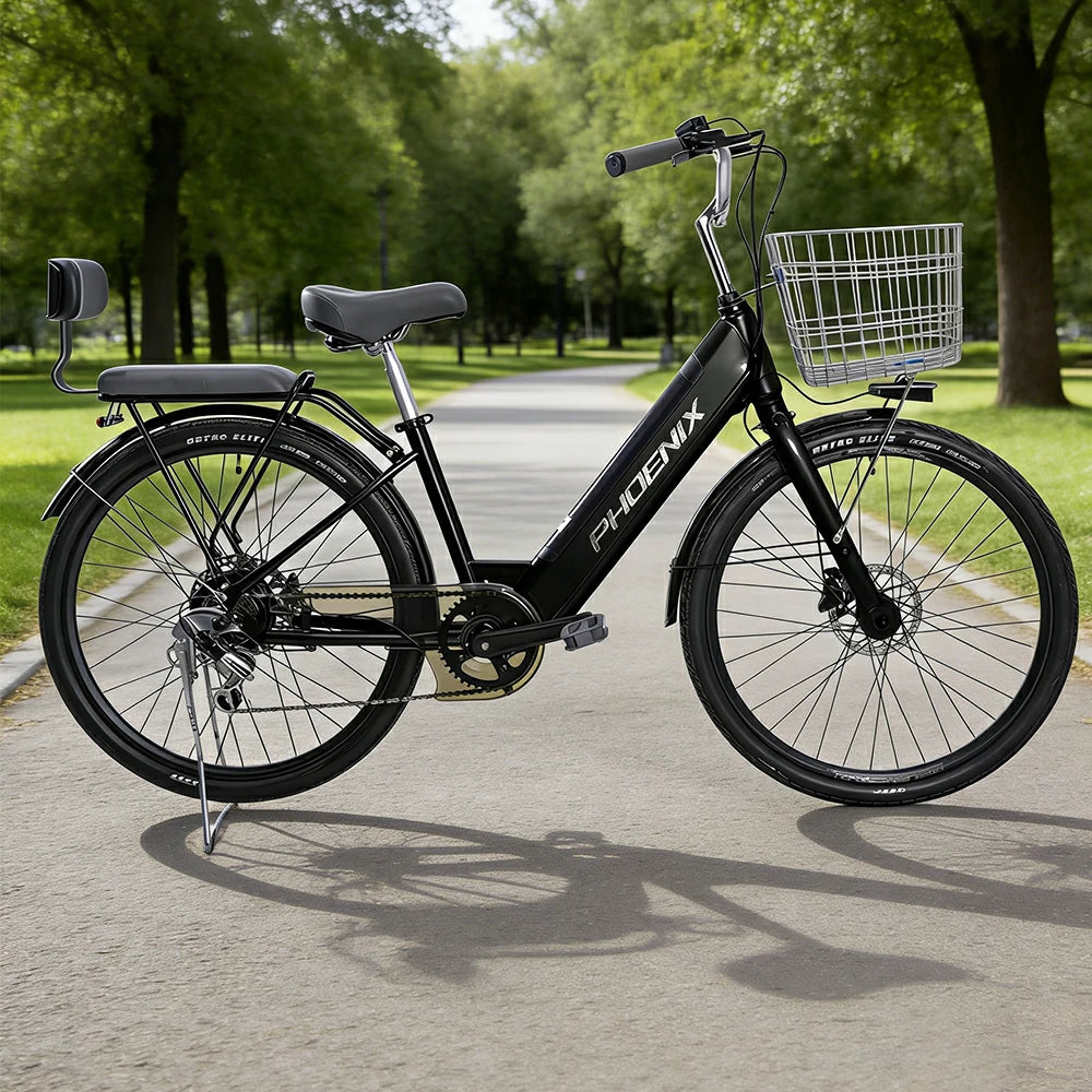 VOLTUS 26-Inch Electric Bike, 36V350W Motor, Shimano 7-Speed Gears, High Carbon Steel Frame, Spoked Wheels, Removable Mid Battery with Rear Seat - Black