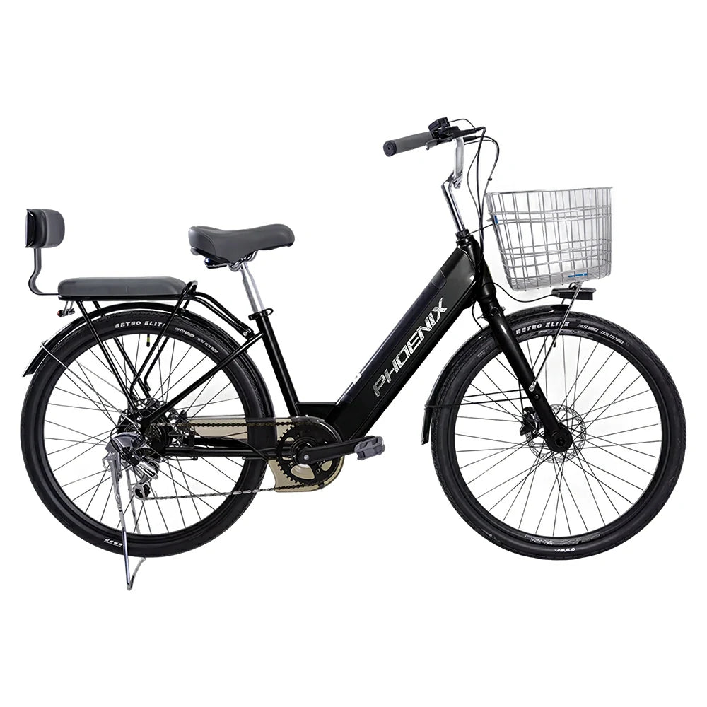 VOLTUS 26-Inch Electric Bike, 36V350W Motor, Shimano 7-Speed Gears, High Carbon Steel Frame, Spoked Wheels, Removable Mid Battery with Rear Seat - Black