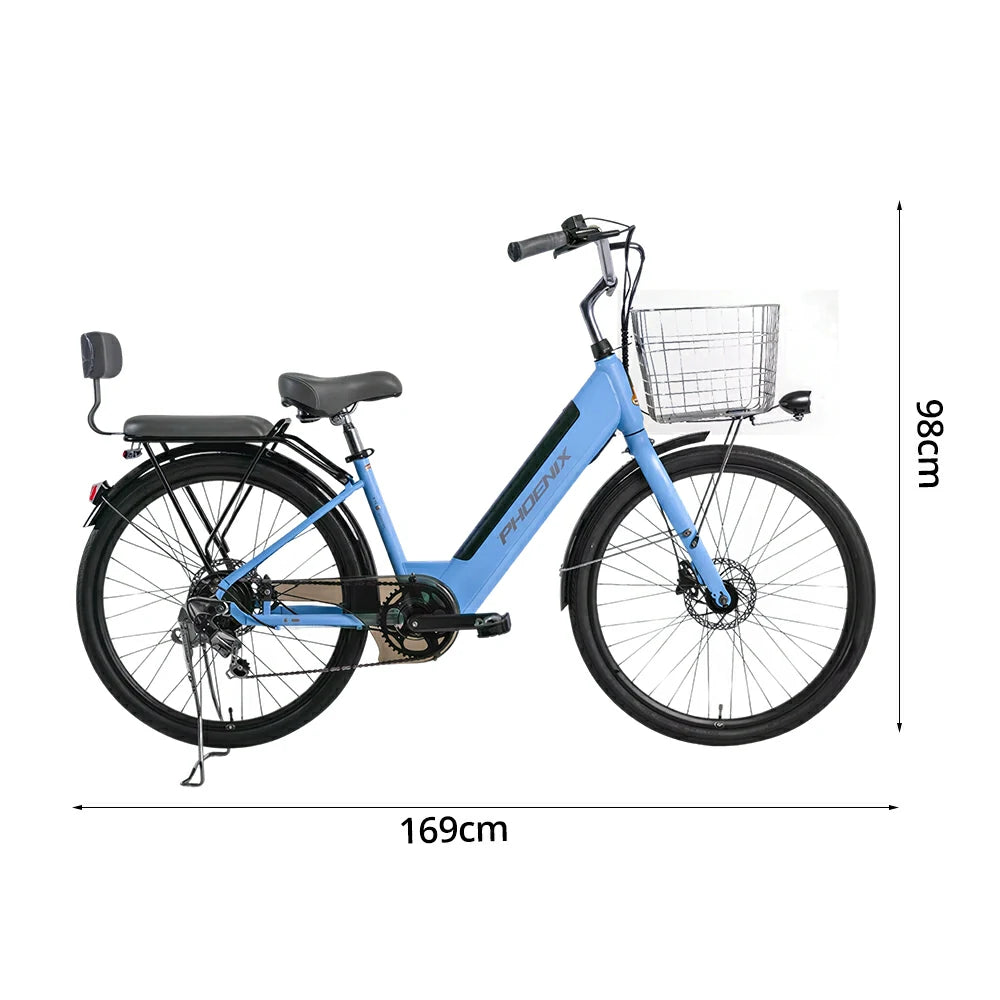 VOLTUS 26-Inch Electric Bike, 36V350W Motor, Shimano 7-Speed Gears, High Carbon Steel Frame, Spoked Wheels, Removable Mid Battery with Rear Seat - Blue