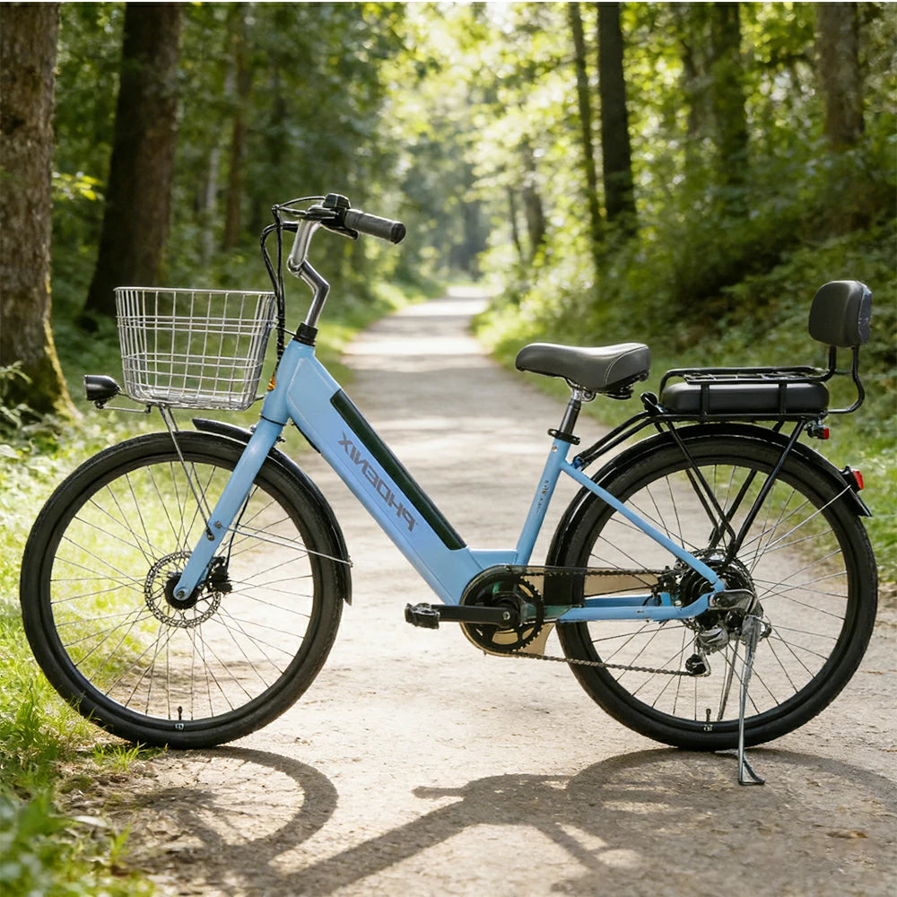 VOLTUS 26-Inch Electric Bike, 36V350W Motor, Shimano 7-Speed Gears, High Carbon Steel Frame, Spoked Wheels, Removable Mid Battery with Rear Seat - Blue