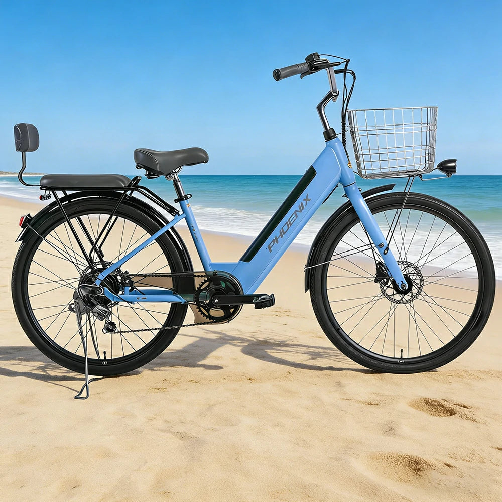 VOLTUS 26-Inch Electric Bike, 36V350W Motor, Shimano 7-Speed Gears, High Carbon Steel Frame, Spoked Wheels, Removable Mid Battery with Rear Seat - Blue
