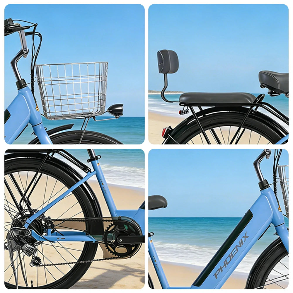VOLTUS 26-Inch Electric Bike, 36V350W Motor, Shimano 7-Speed Gears, High Carbon Steel Frame, Spoked Wheels, Removable Mid Battery with Rear Seat - Blue
