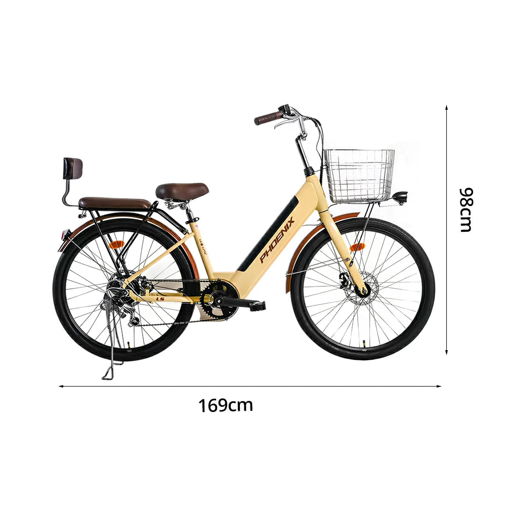 VOLTUS 26-Inch Electric Bike, 36V350W Motor, Shimano 7-Speed Gears, High Carbon Steel Frame, Spoked Wheels, Removable Mid Battery with Rear Seat - Beige