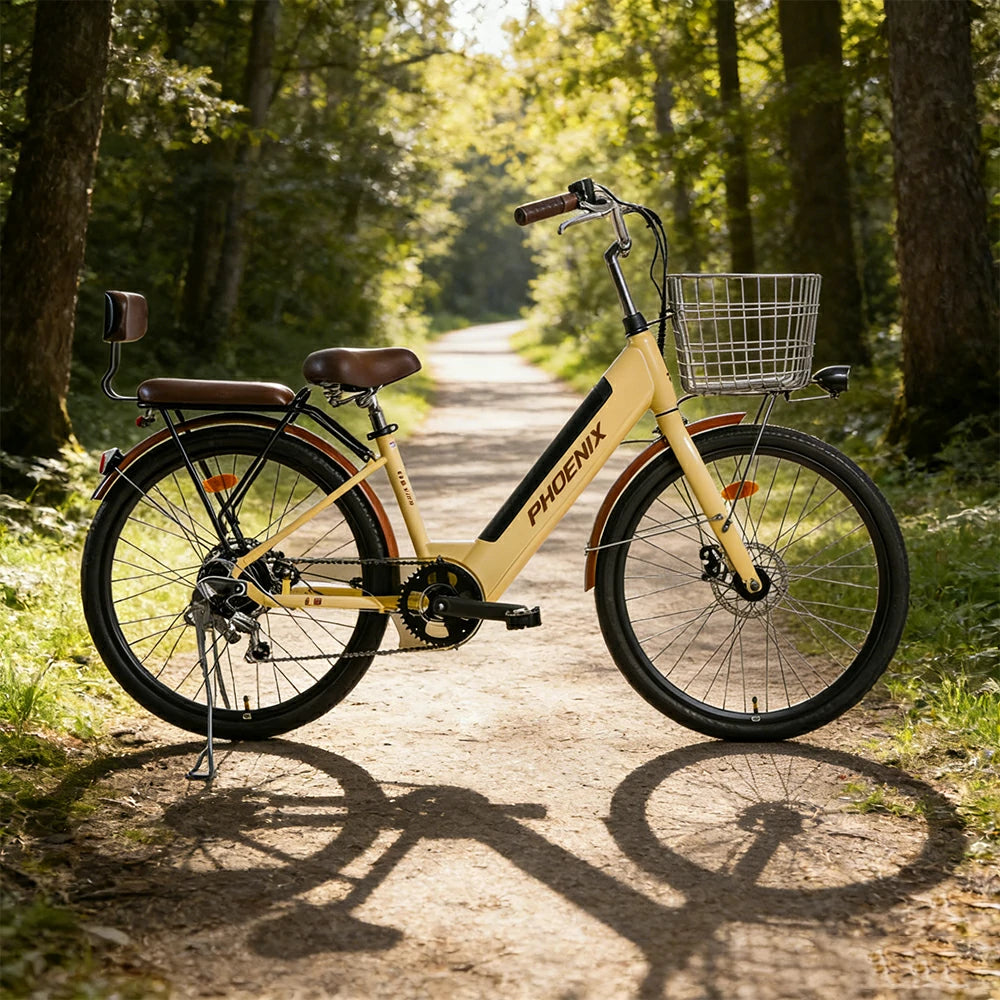 VOLTUS 26-Inch Electric Bike, 36V350W Motor, Shimano 7-Speed Gears, High Carbon Steel Frame, Spoked Wheels, Removable Mid Battery with Rear Seat - Beige