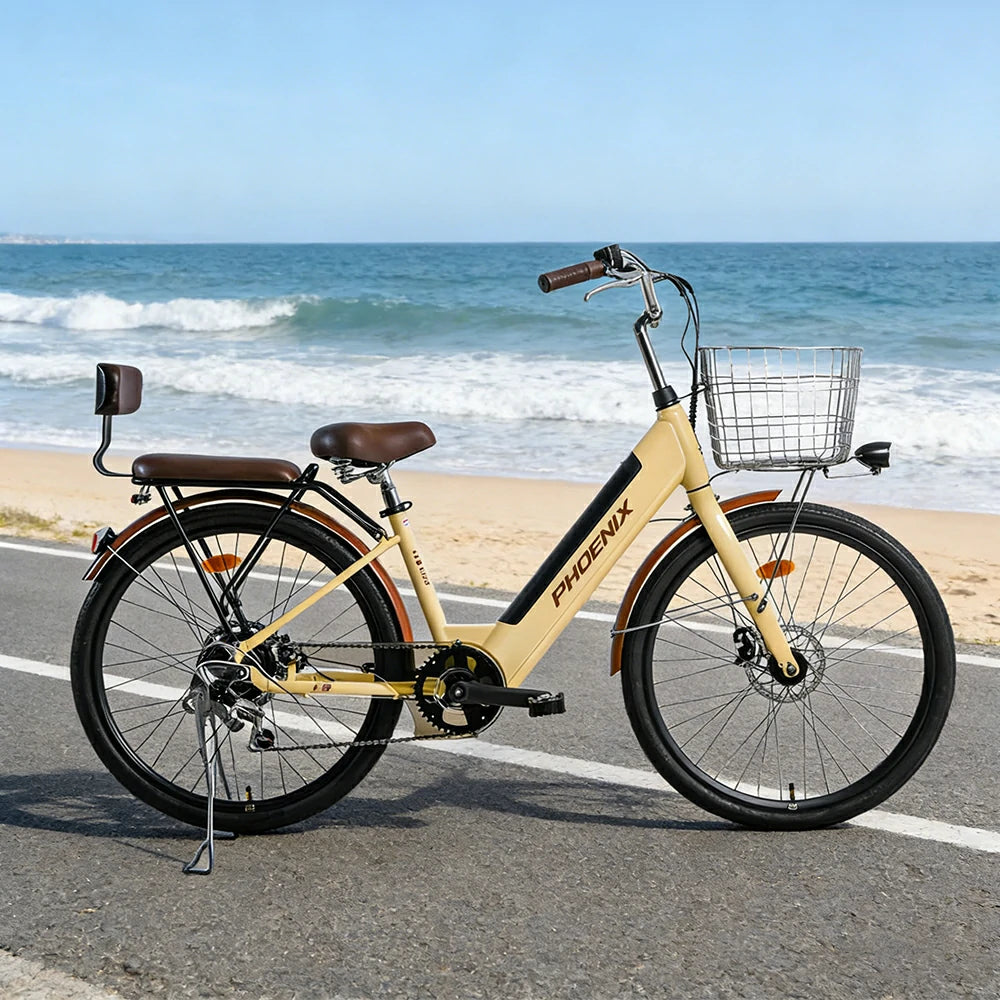 VOLTUS 26-Inch Electric Bike, 36V350W Motor, Shimano 7-Speed Gears, High Carbon Steel Frame, Spoked Wheels, Removable Mid Battery with Rear Seat - Beige