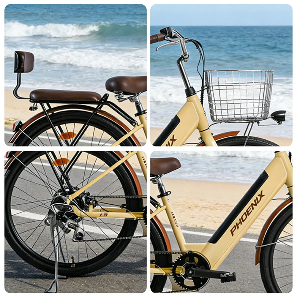 VOLTUS 26-Inch Electric Bike, 36V350W Motor, Shimano 7-Speed Gears, High Carbon Steel Frame, Spoked Wheels, Removable Mid Battery with Rear Seat - Beige